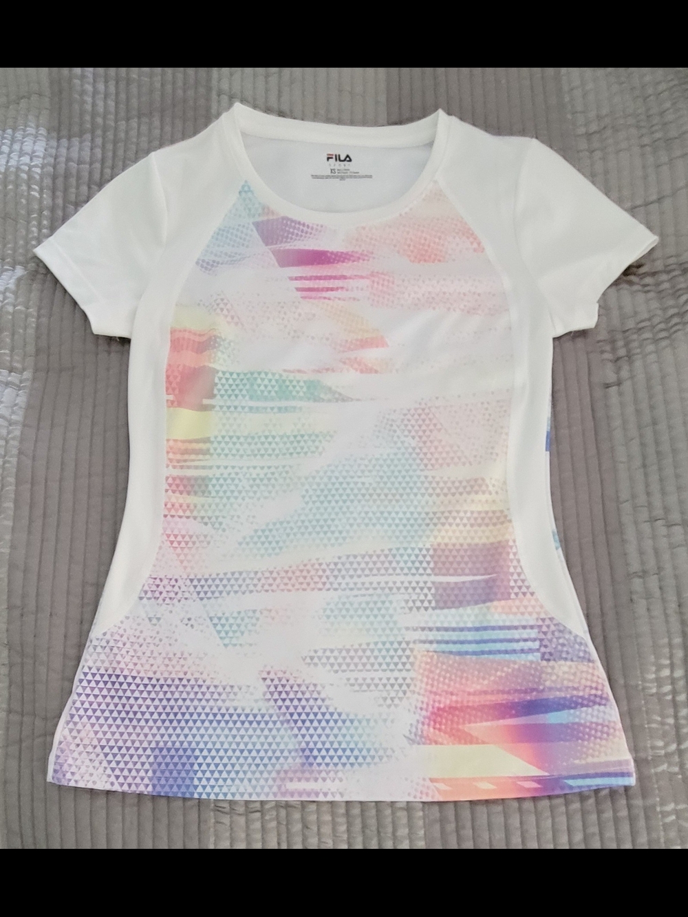 Fila White Short Sleeve Tee with Pastel Multicolor Graphic